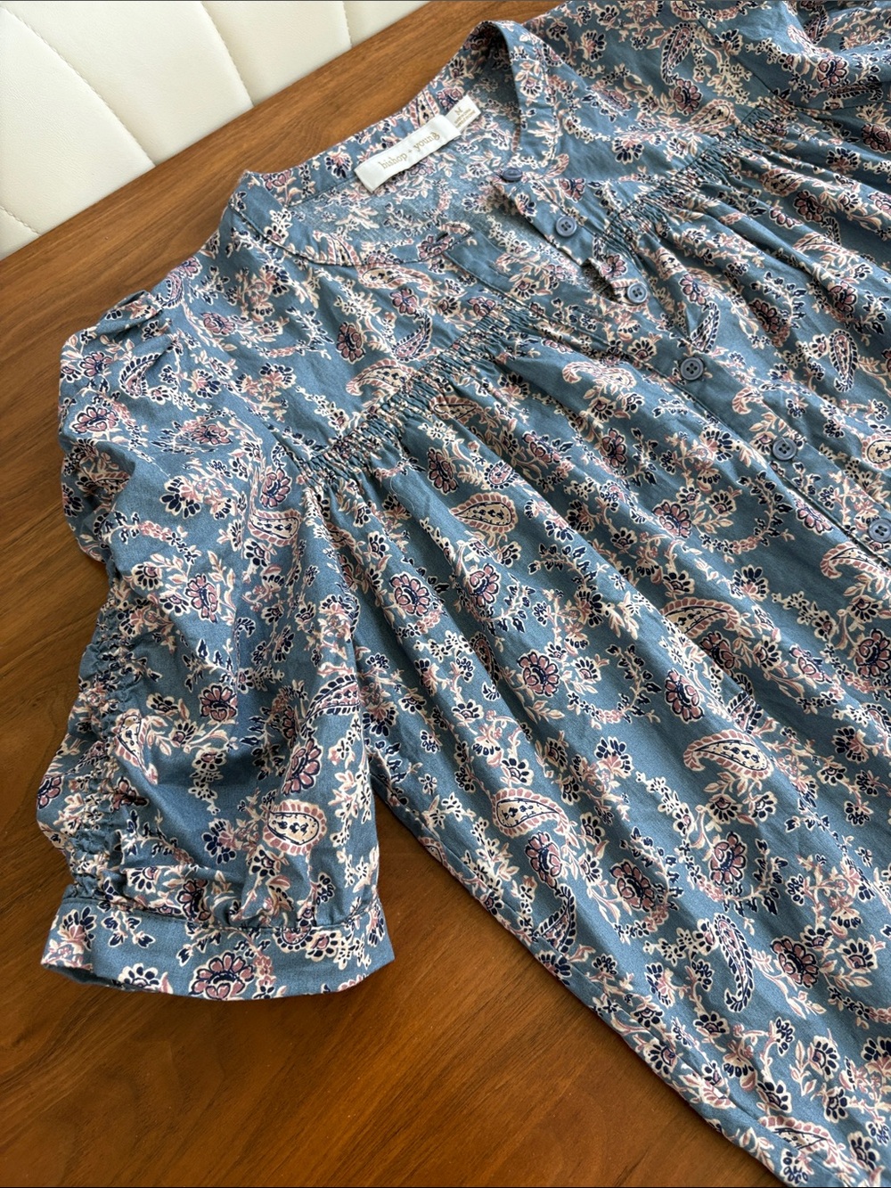 Anthropologie Bishop + Young Rachel Paisley Cotton Blouse Ruched Sleeve Medium - Picture 7 of 9